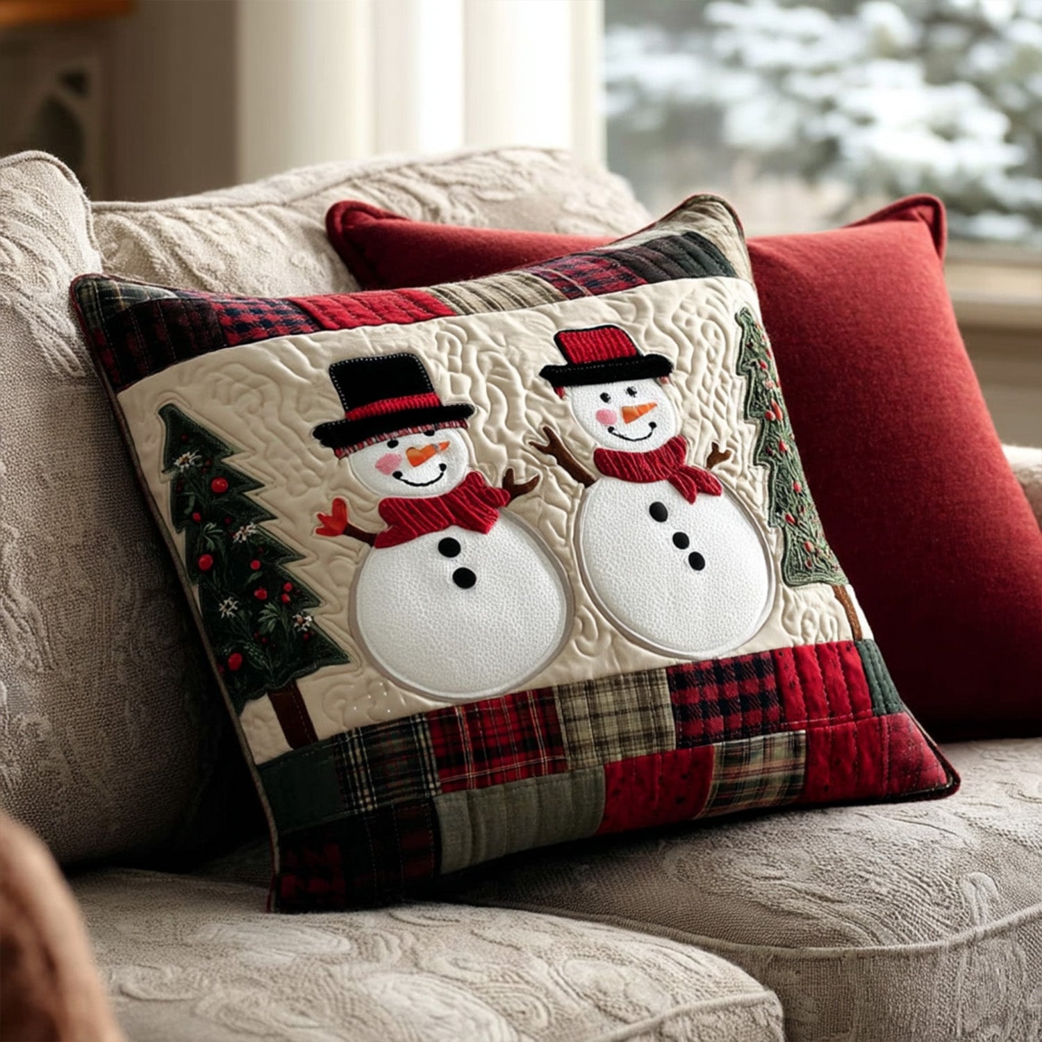 Snowman Cheer Quilted Pillow Case Holiday Pillow Covers Unique Christmas Gifts