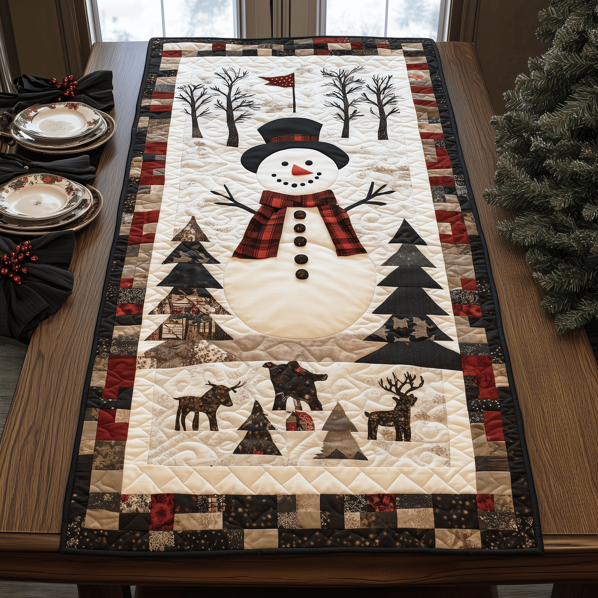 Snowman Christmas Joy Quilted Table Runner Holiday Dining Xmas Table Runner Presents