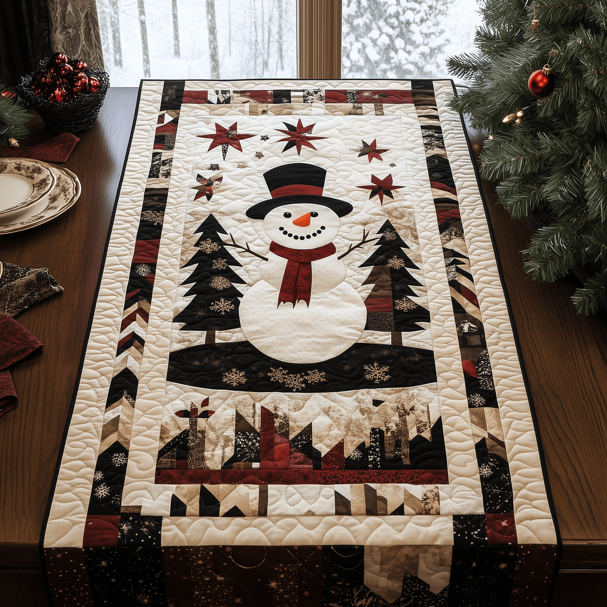 Snowman Christmas Joy Quilted Table Runner Holiday Dining XmasTable Runner Decorations