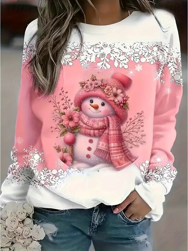Snowman Christmas Sweatshirt Cute Snowman Wearing Pink Scarf And Beanie Flowers Outfit Gifts