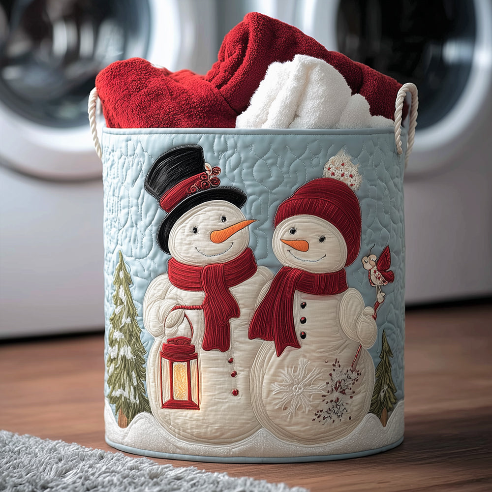 Snowman Couple Love Quilted Laundry Basket Christmas Merch Gift