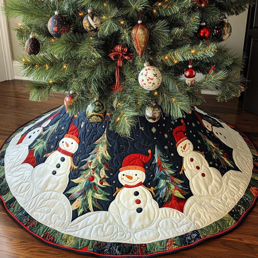 Snowman Delight Christmas Quilted Tree Skirt Colorful Quilted Tree Skirt for a Joyful Holiday Atmosphere