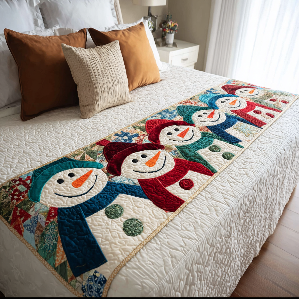 Snowman Delight Quilted Bed Runner Christmas Bed Decor Gifts For The Family Christmas