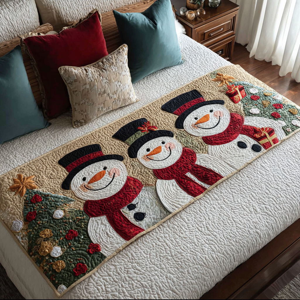 Snowman Delight Quilted Bed Runner Christmas Bed Runner Xmas Gift Ideas