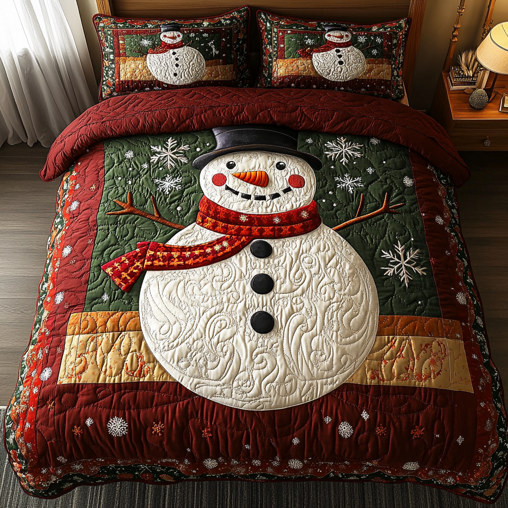 Snowman Delight Quilted Bedding Set Christmas Bedding Sets Gifts For Snowman Lovers