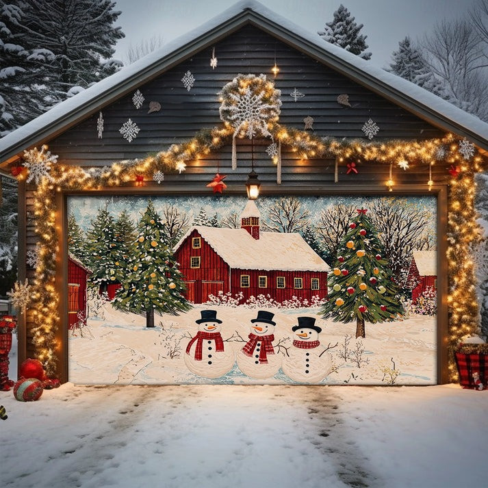Snowman Farmhouse Garage Door Cover Christmas Barn Scene Outdoor Holiday Decoration