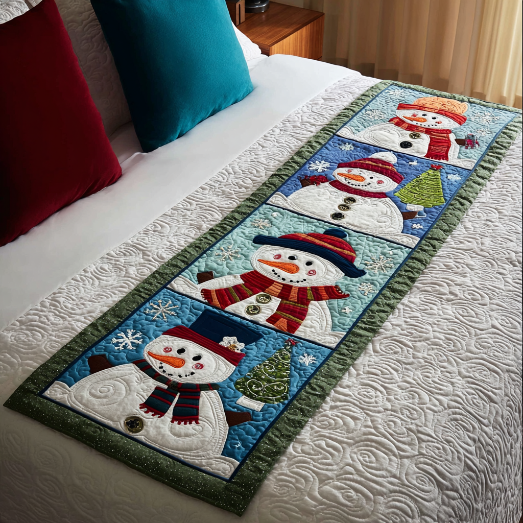 Snowman Friends Quilted Bed Runner Christmas Bed Runner Xmas Gifts For Sister In Law
