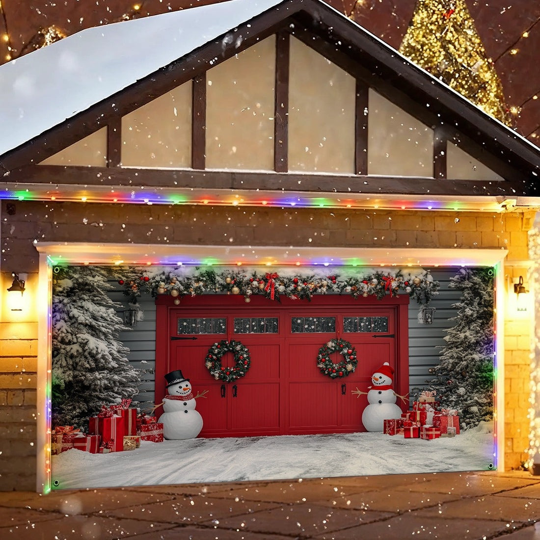 Snowman Frosted Cheer Garage Door Cover Festive Red Door Gara Decorations Xmas Presents