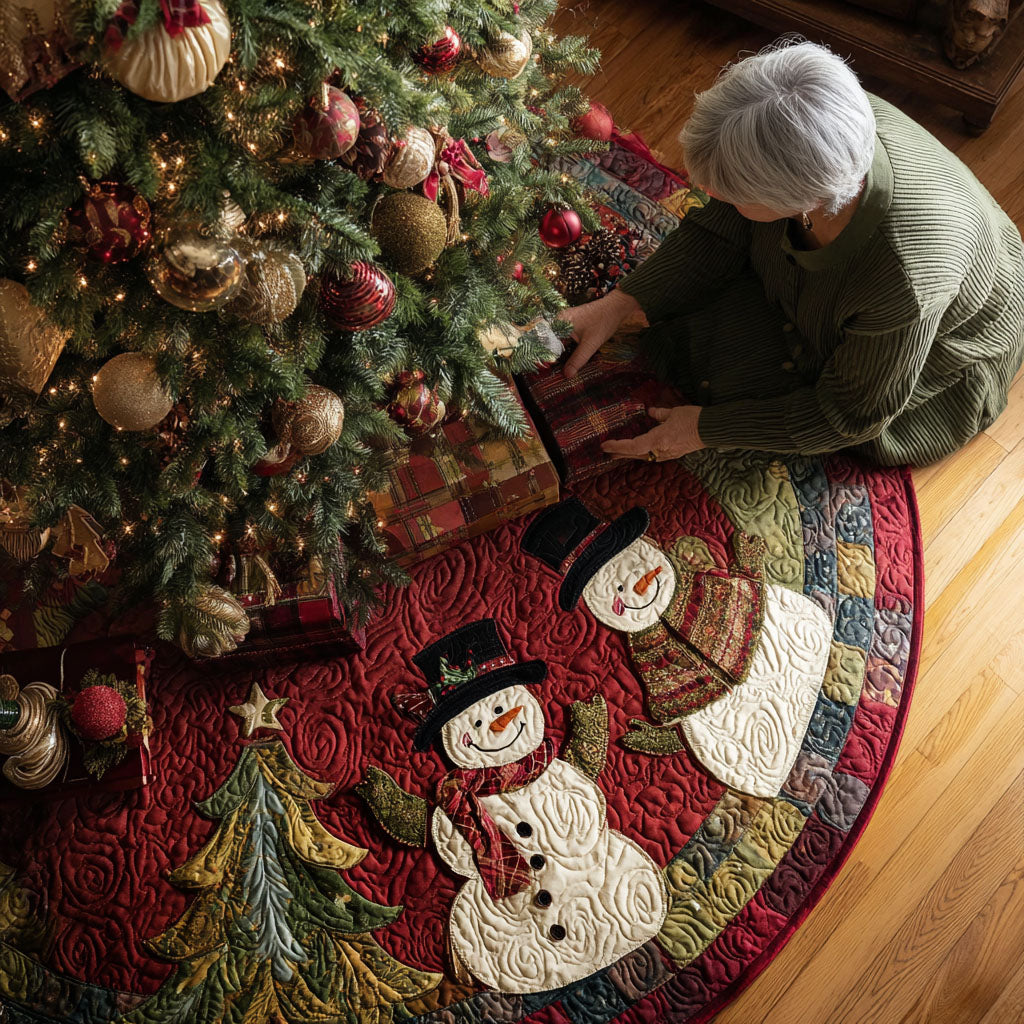 Snowman Gathering Christmas Quilted Tree Skirt Holiday Decorations Indoor Secret Santa Gift Ideas