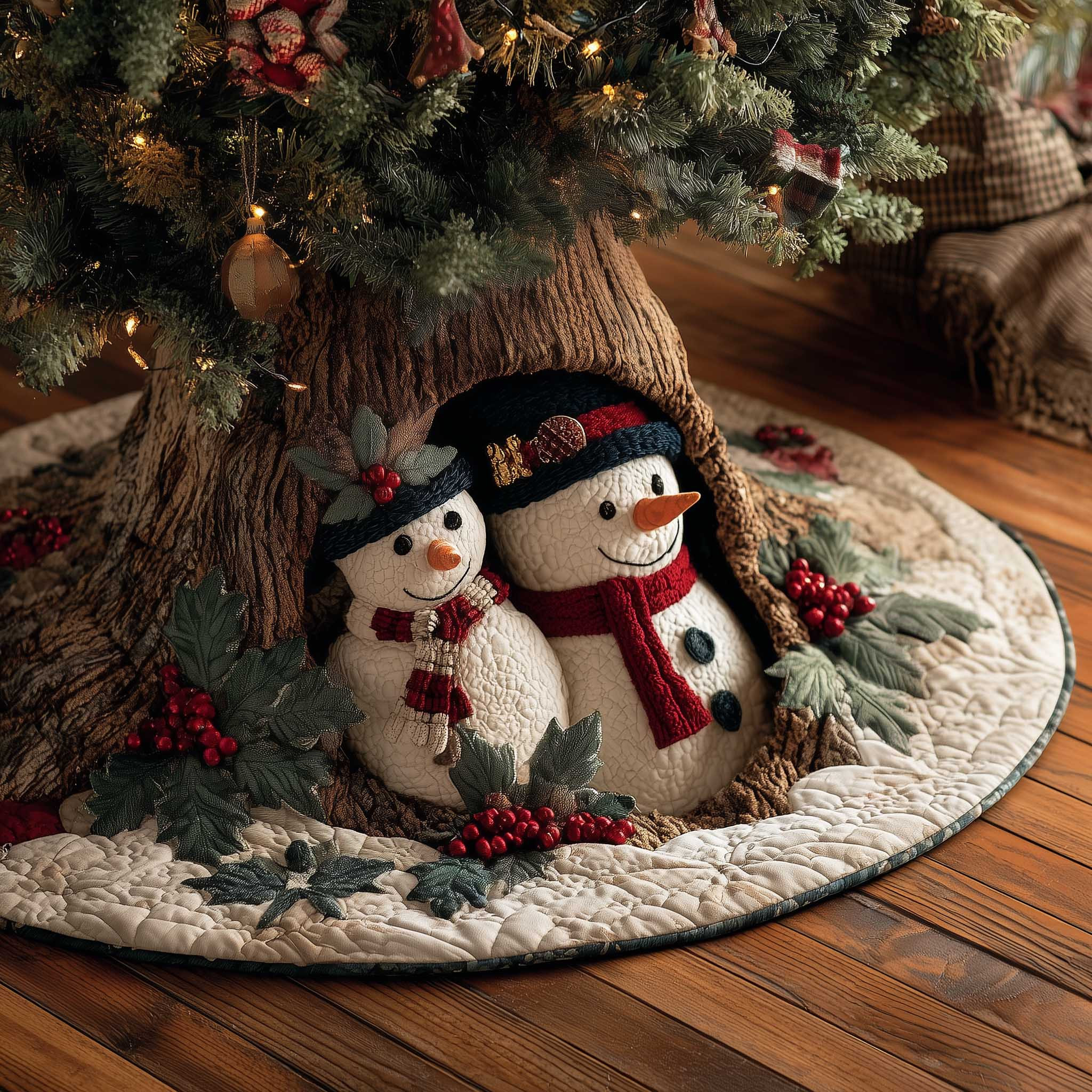 Snowman Gathering Christmas Quilted Tree Skirt Xmas Tree Base Cover Snowman Gifts For Her