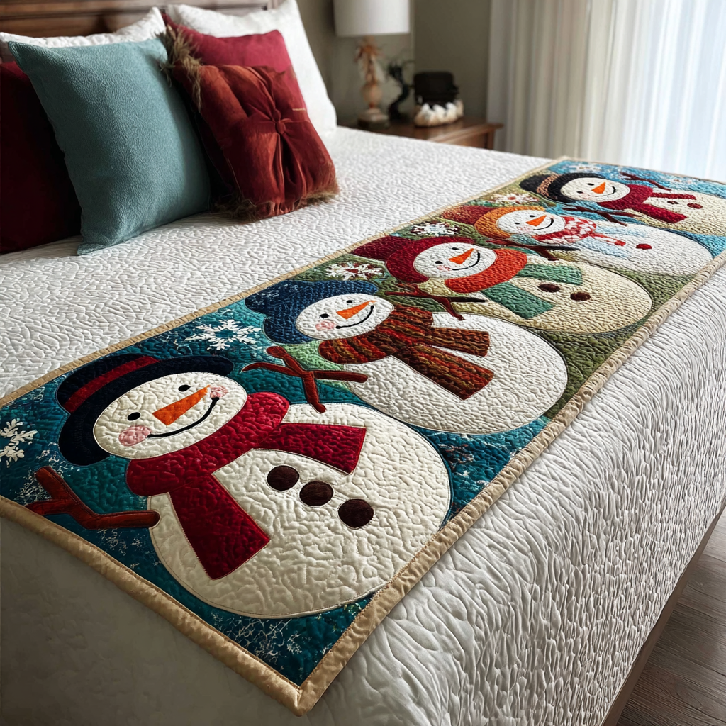 Snowman Gathering Quilted Bed Runner Christmas Bedroom Decor Family Xmas Gift Ideas