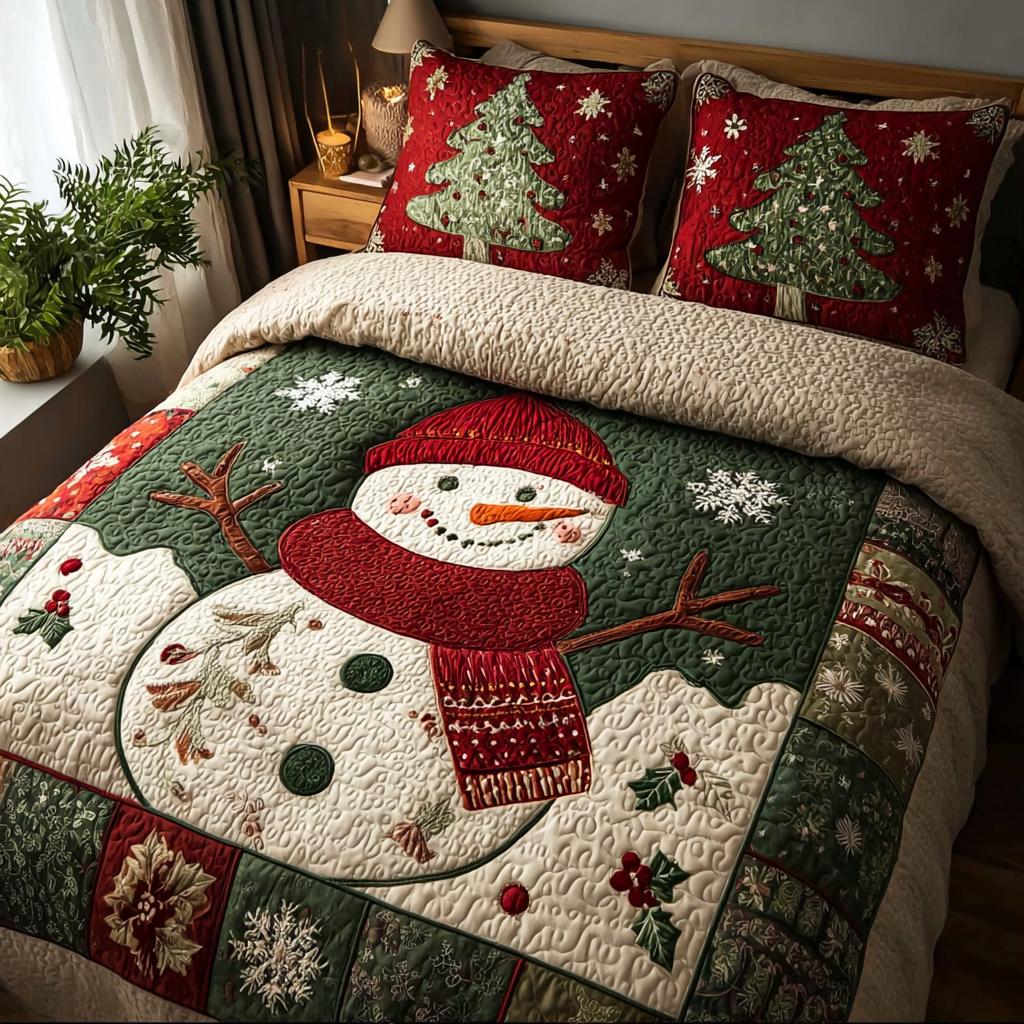 Snowman Glow Quilted Bedding Set Christmas Bed Sheets Snowman Gifts For Adults