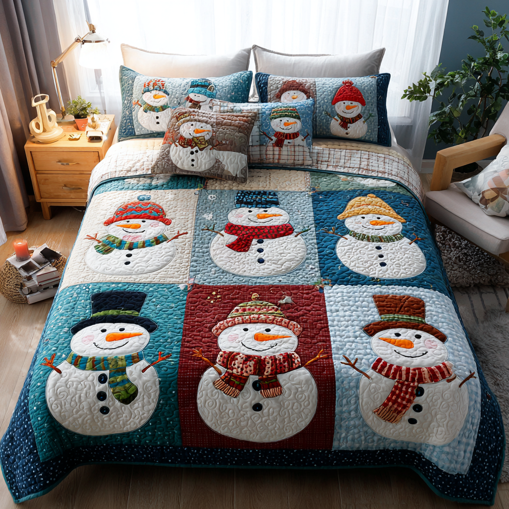 Snowman Glow Quilted Bedding Set Christmas Bedding Duvet Cover Snowman Themed Gifts