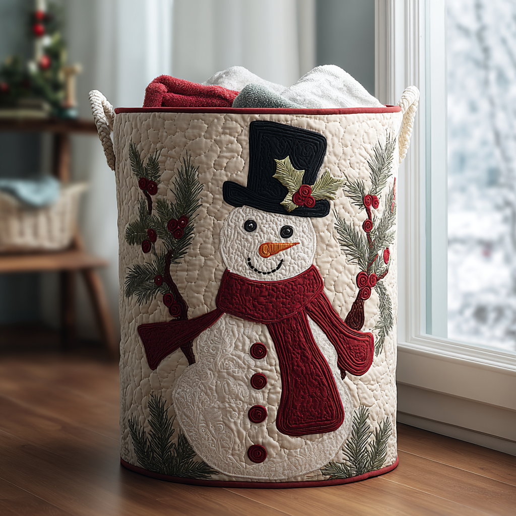 Snowman Glow Quilted Laundry Basket Unique Quilted Basket Gift for Holiday Season 2025