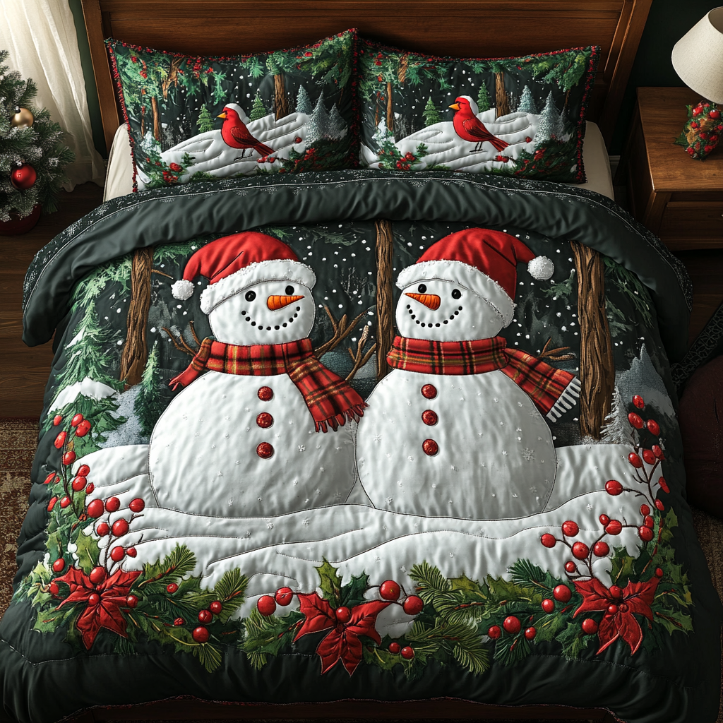 Snowman Harmony Quilted Bedding Set Holiday Season Duvet Cover Set Snowman Gifts For Adults