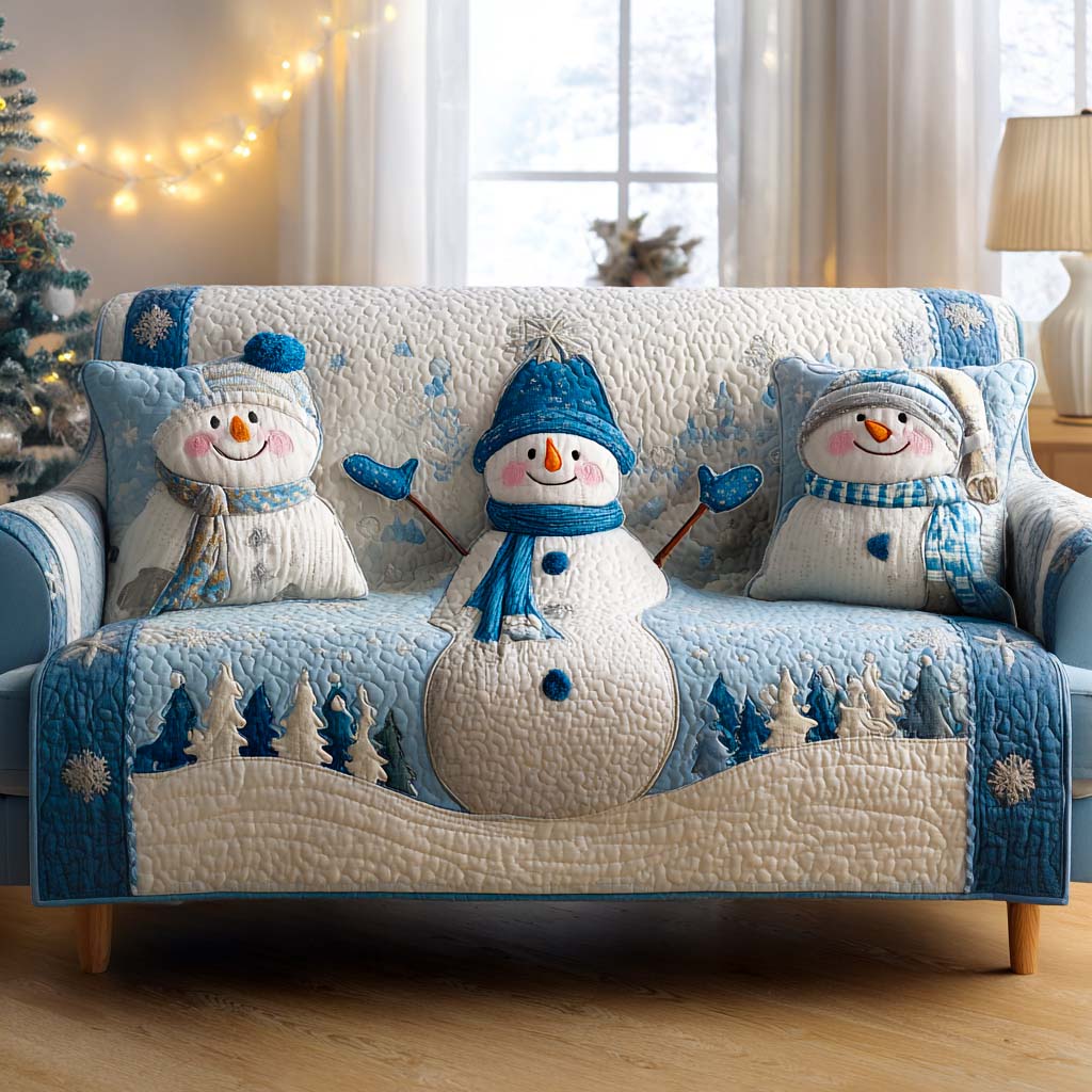 Snowman Hearth Glow Quilted Sofa Cover Living Room Winter Decor Christmas Gifts For Mom