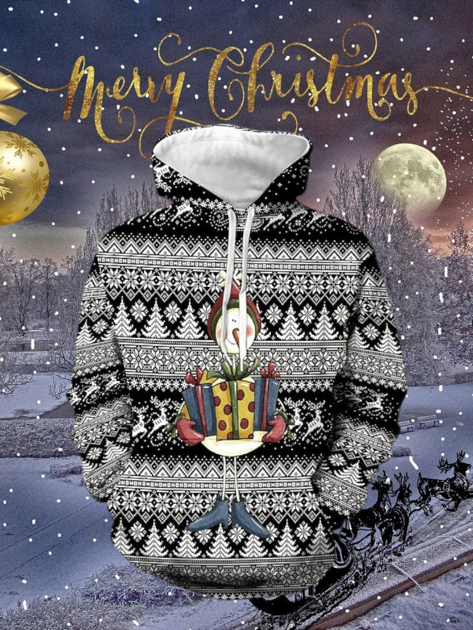 Snowman Holding Gifts Christmas Holiday Hoodie Reindeer Tree Pine Festive Christmas Gifts