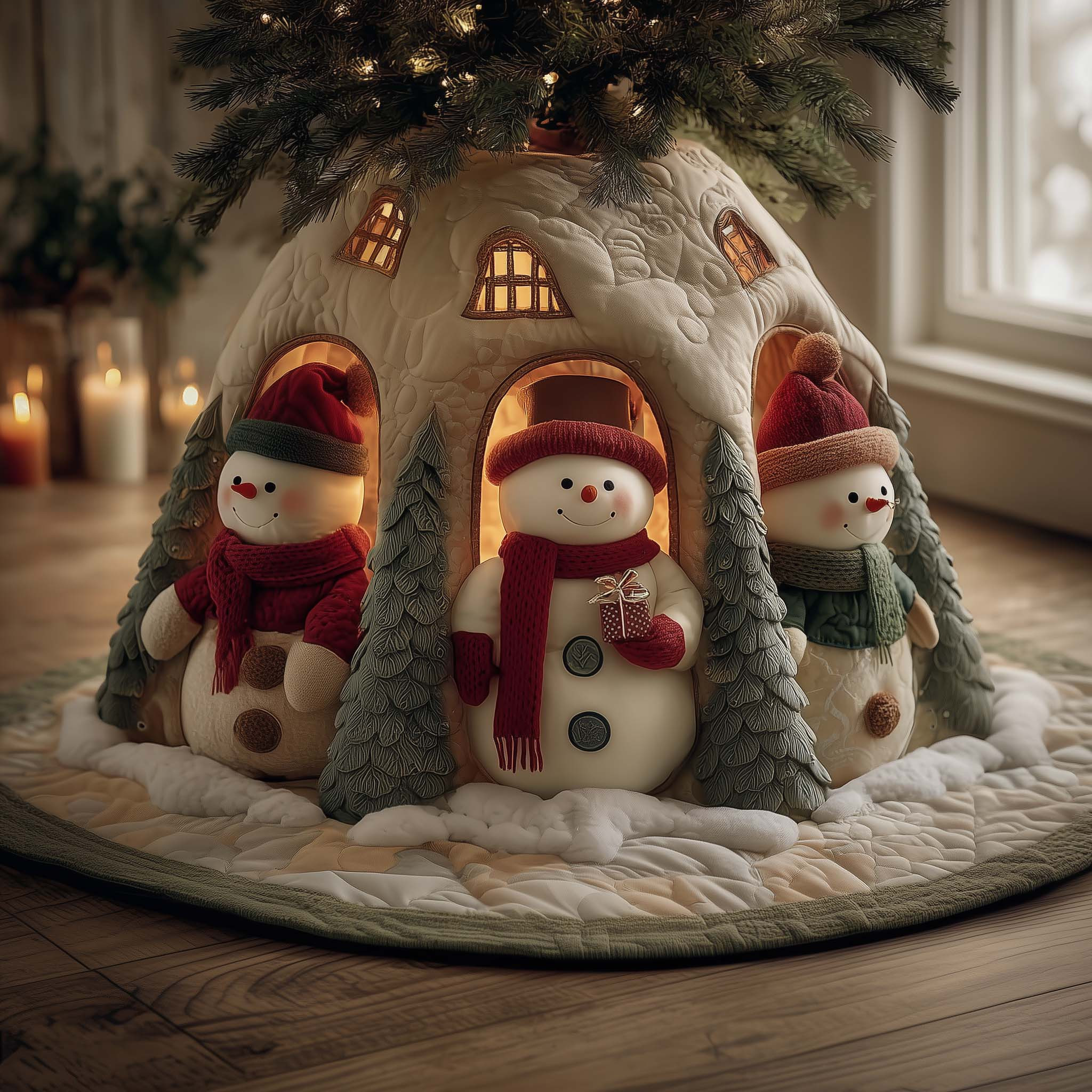 Snowman Home Christmas Quilted Tree Skirt Xmas Decor Tree Bottom Cover Snowman Based Gifts