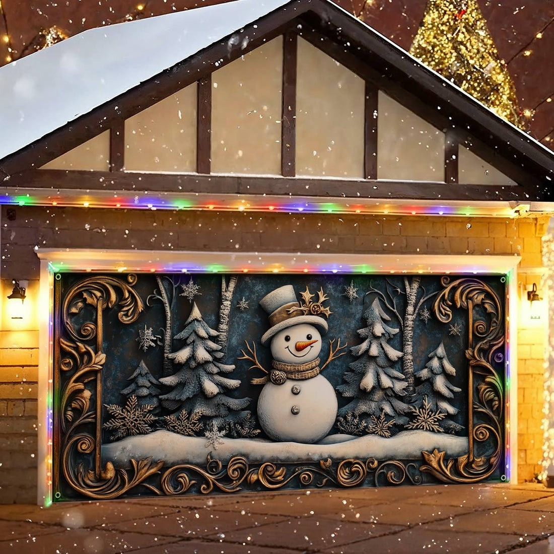 Snowman In Forest Pine Tree Christmas Garage Door Cover Cute Xmas Outdoor Decor Gifts