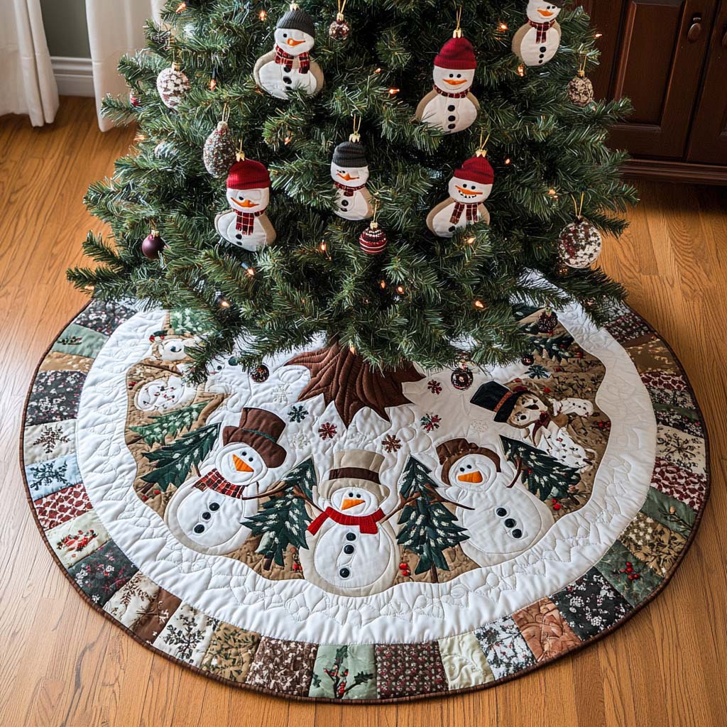 Snowman Joy Christmas Quilted Tree Skirt Seasonal Gift Merch for Festive Homes