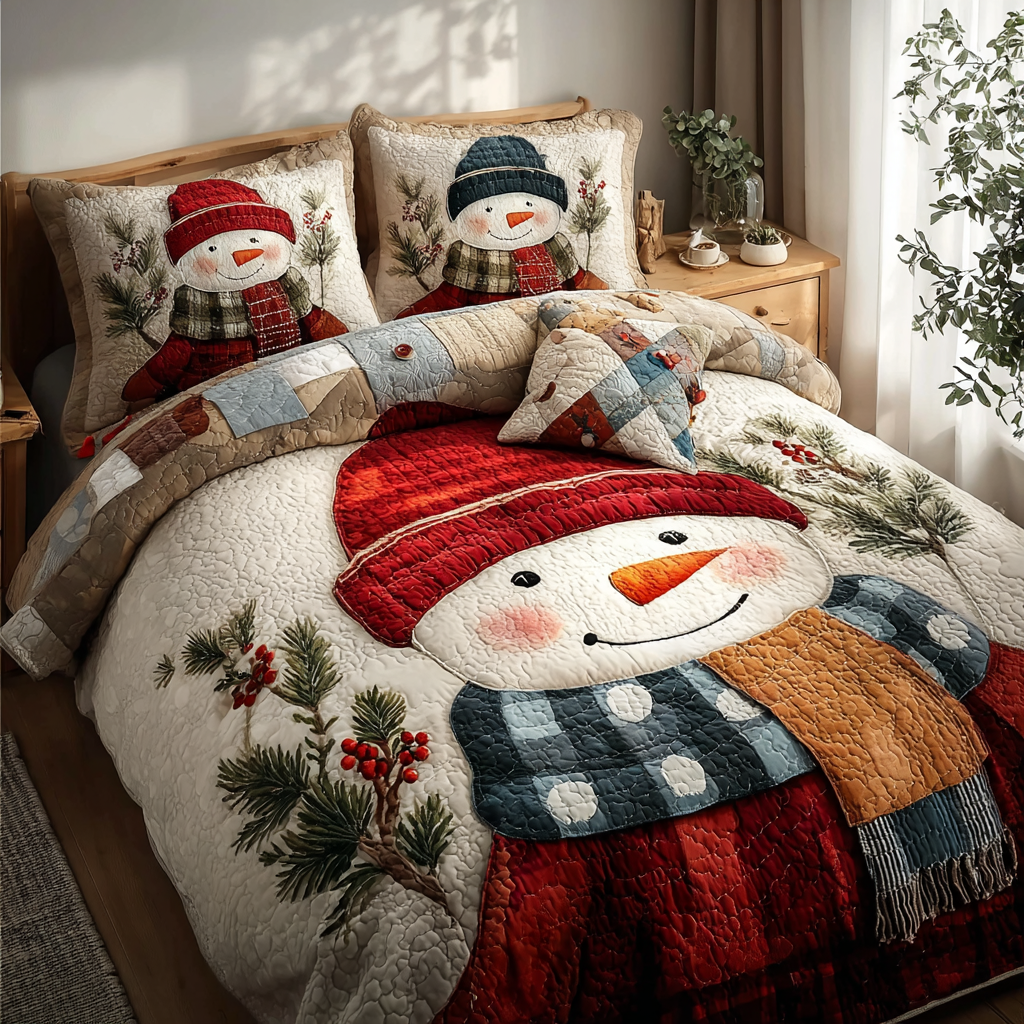 Snowman Joy Quilted Bedding Set Holiday Duvet Covers Snowman Christmas Presents