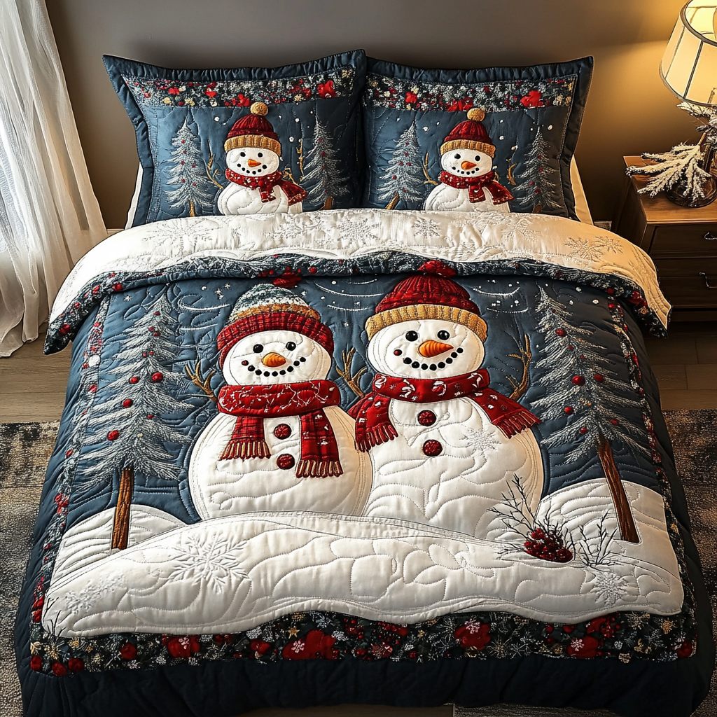 Snowman Joy Quilted Bedding Set Xmas Holiday Duvet Cover Set Snowman Themed Gifts
