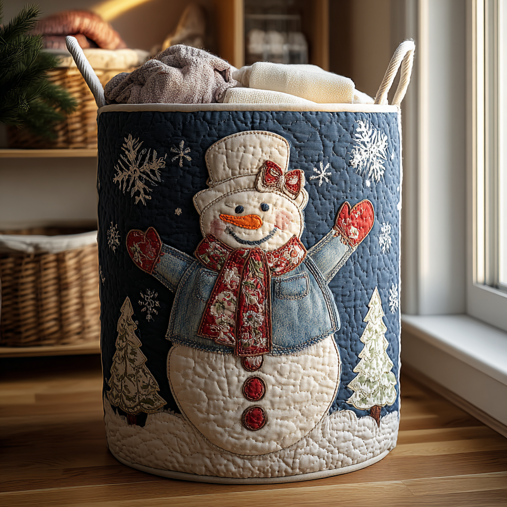 Snowman Joy Quilted Laundry Basket Beautiful Quilted Laundry Organizer Gift for Couples