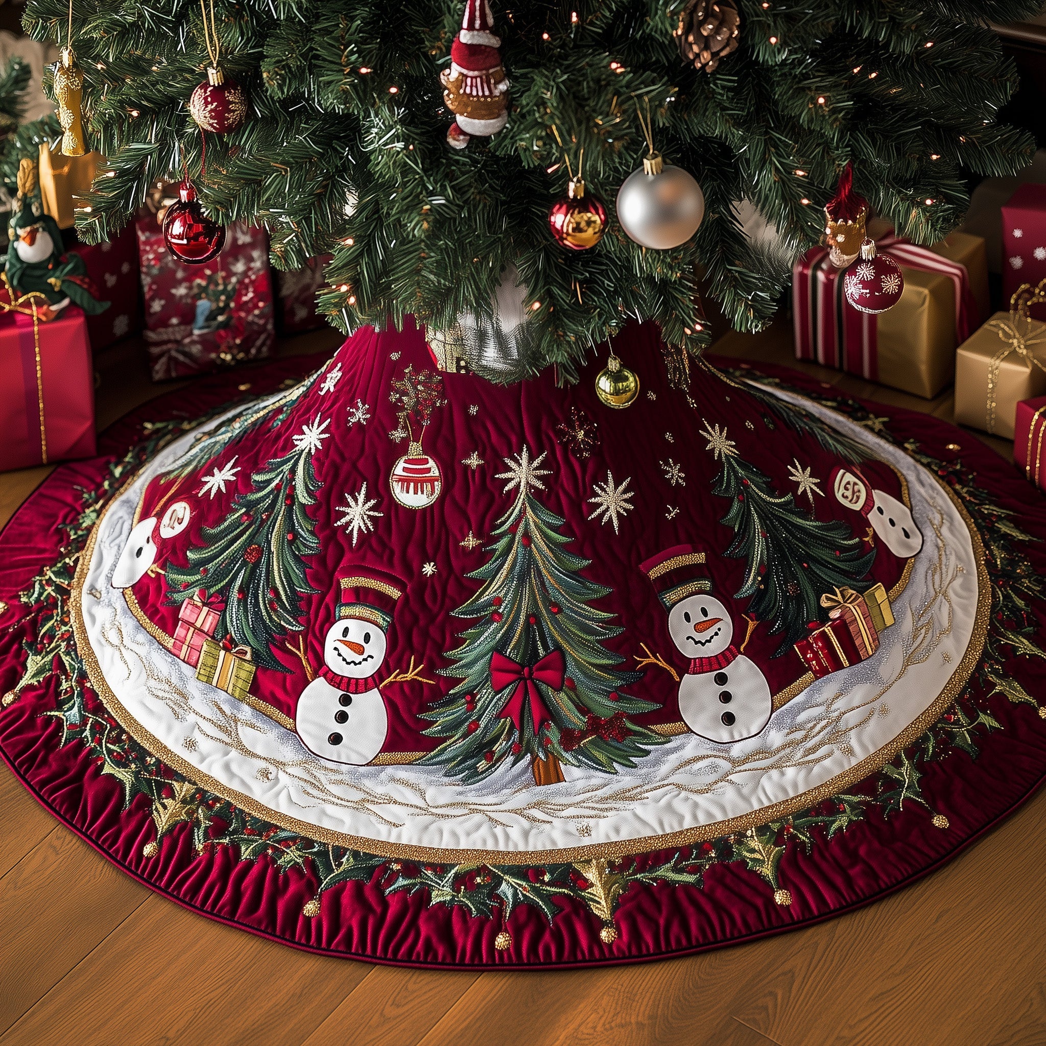 Snowman Lane Quilted Tree Skirt Lovely Gift Merch For Couples