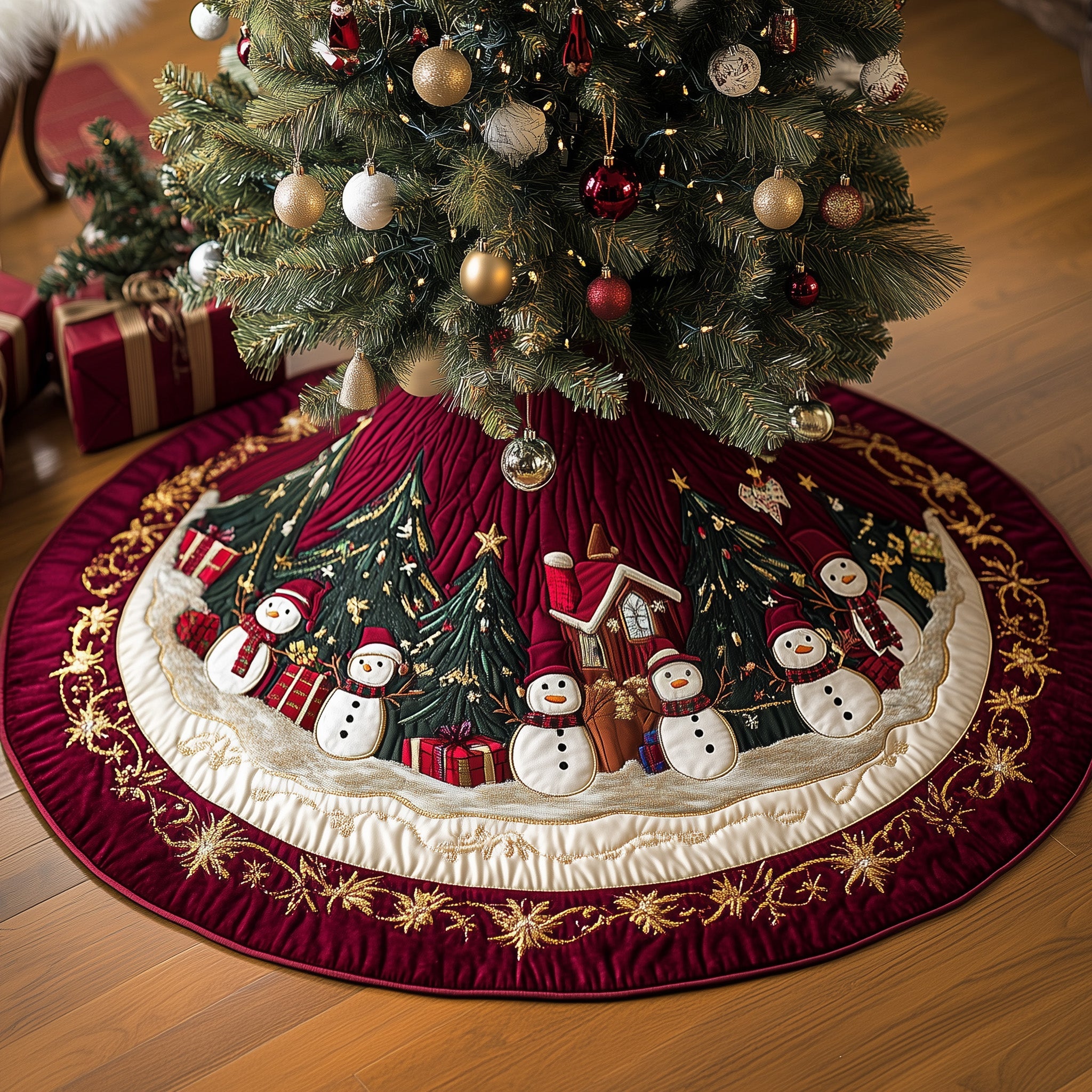 Snowman Lane Quilted Tree Skirt Warm Winter Home Merch