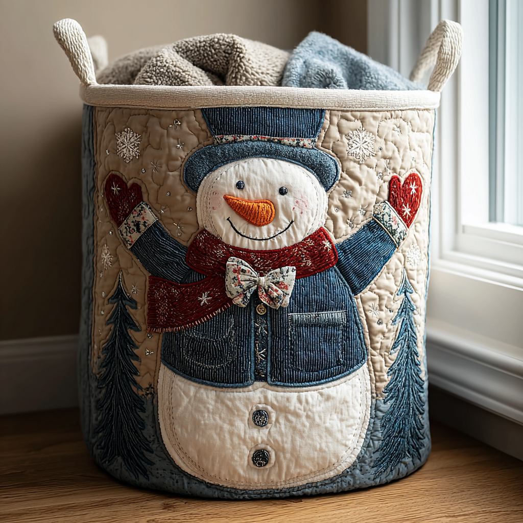 Snowman Magic Quilted Laundry Basket Useful Quilted Laundry Basket Gift for Housewarming