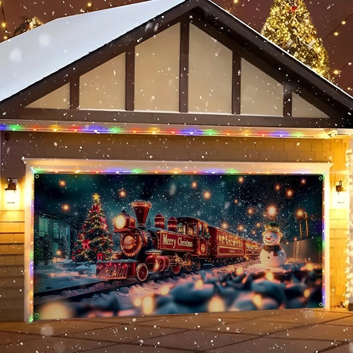 Snowman Merry Christmas Garage Door Cover Express Train Xmas Festival House Decor Gifts