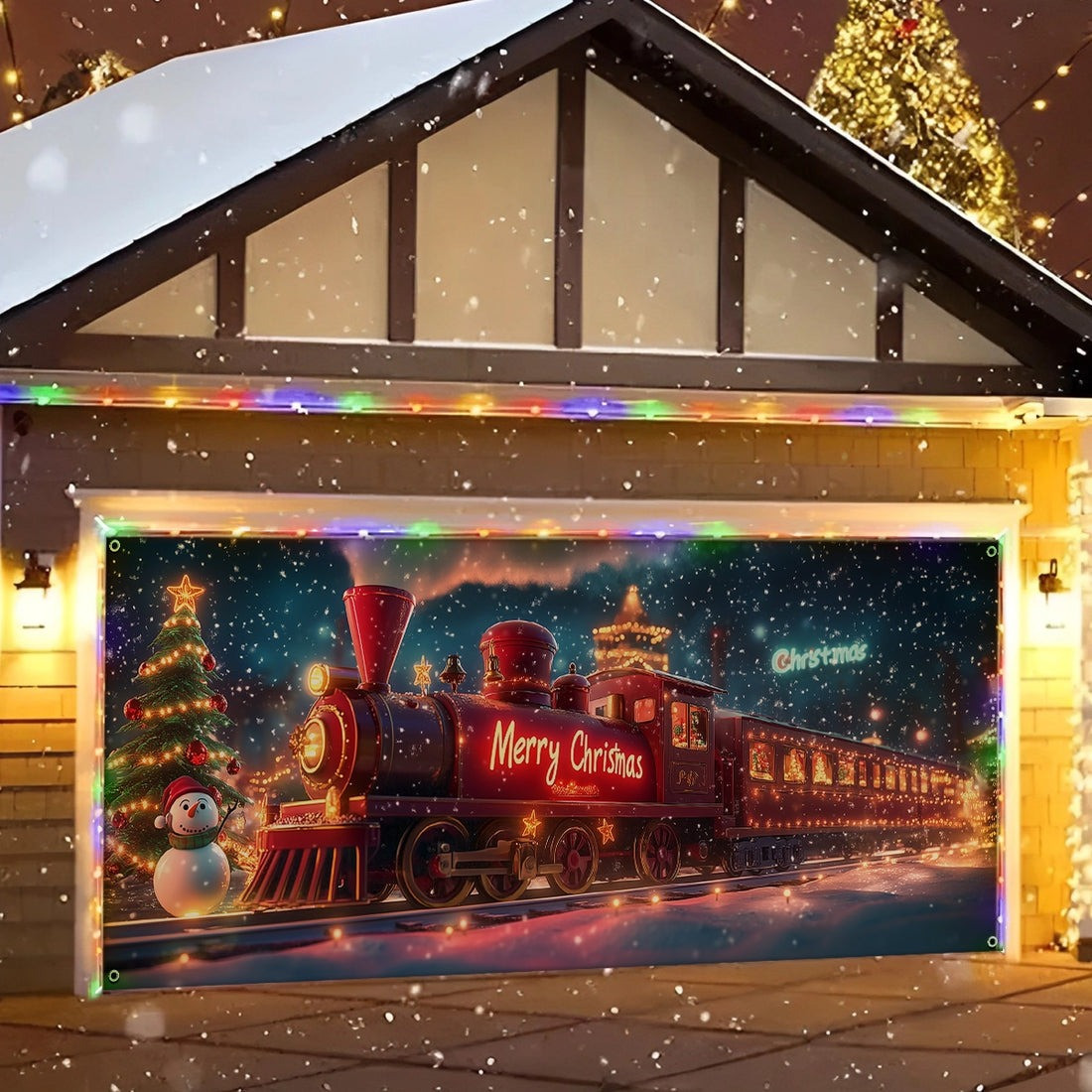 Snowman Merry Christmas Garage Door Cover Red Locomotive With Snowman Gara Decorations