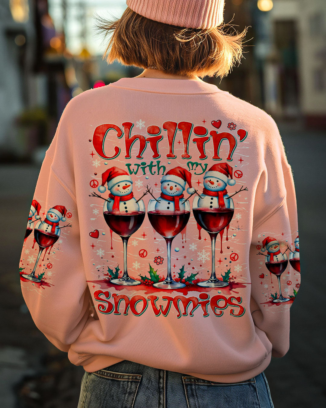 Snowman On Wine Chillin' With My Snowmies Sweatshirt Christmas Merch Gifts For Wine Lovers