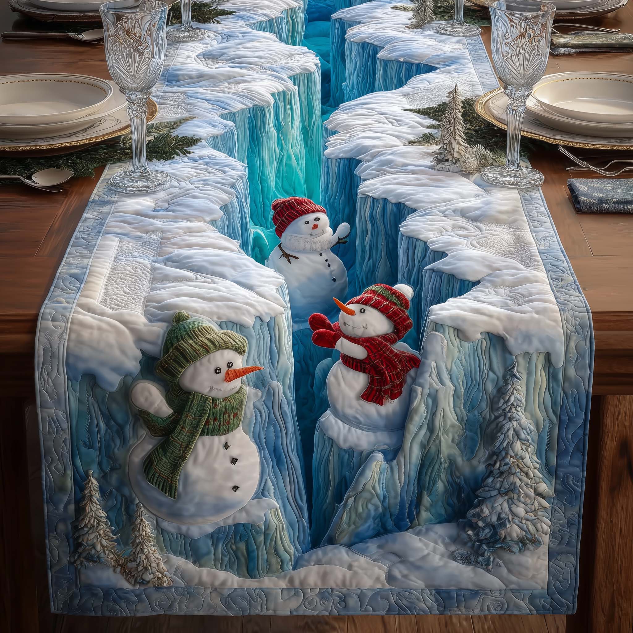 Snowman Pit Quilted Table Runner Farmhouse Dining Room Decor Gift For Home