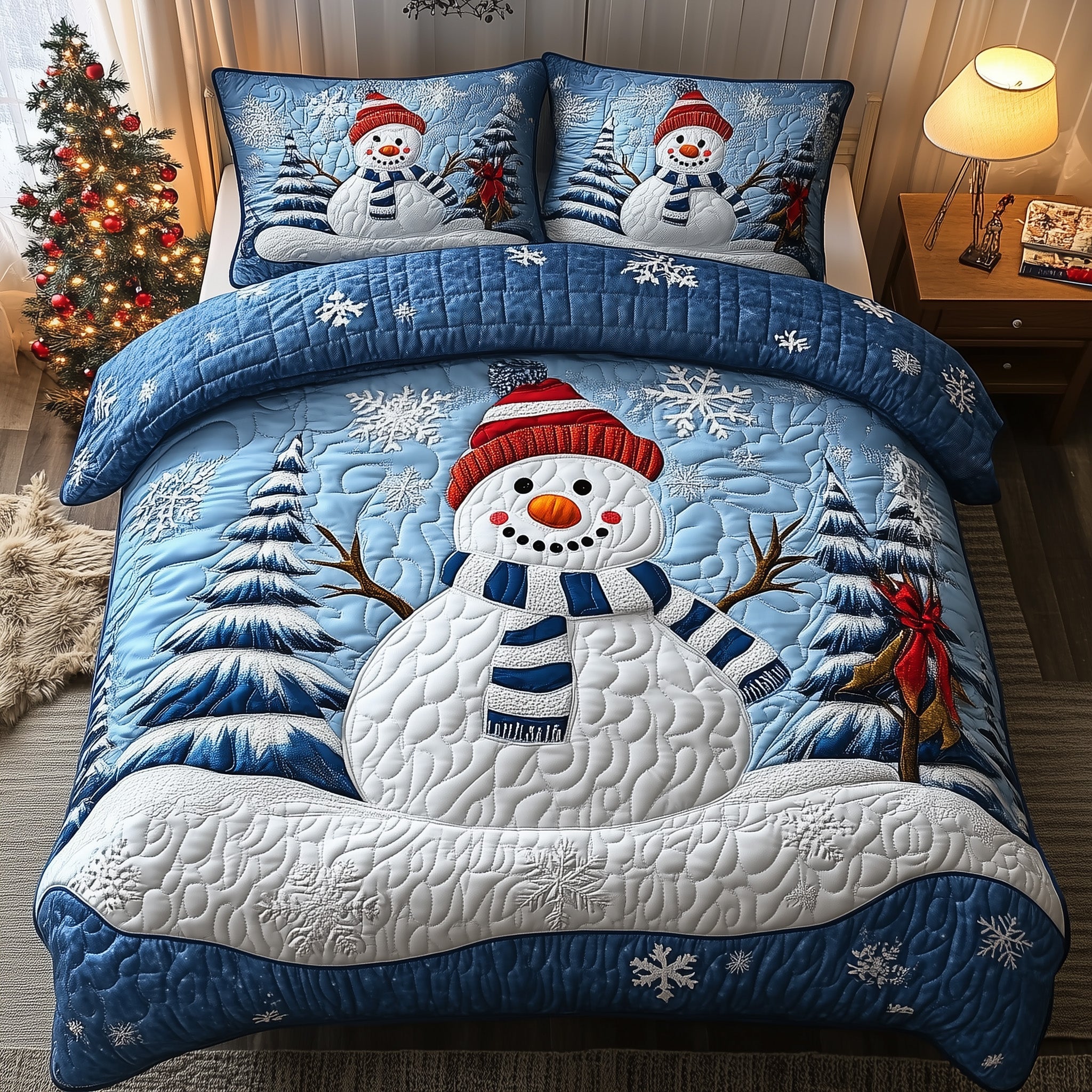 Snowman Quilted Bedding Set Cute Snowman Decoration Best Xmas Holiday Bedding Gifts