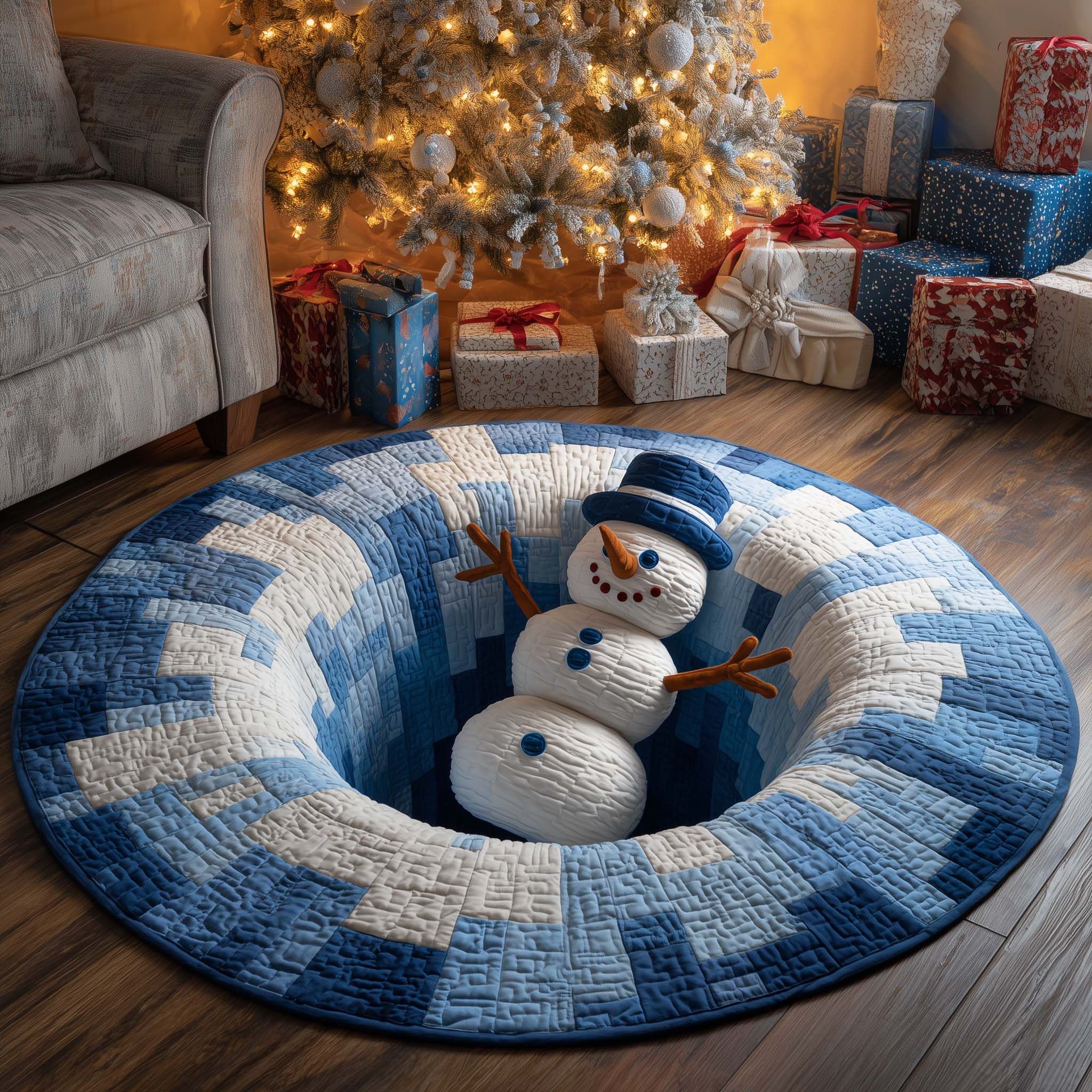 Snowman Slip Quilted Round Mat Cozy Quilted Round Mat for Warm Ambiance