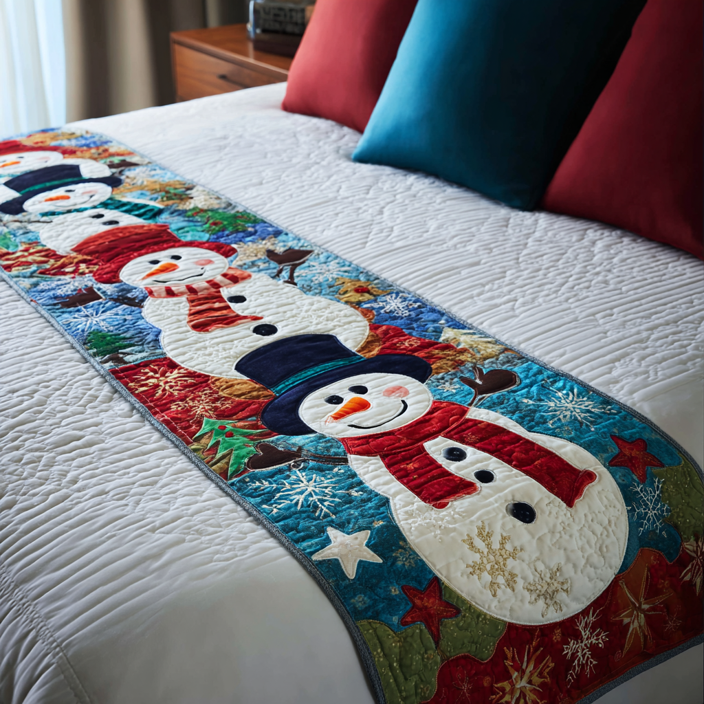 Snowman Smiles Quilted Bed Runner Xmas Room Decorations Xmas Gifts For Mother In Law
