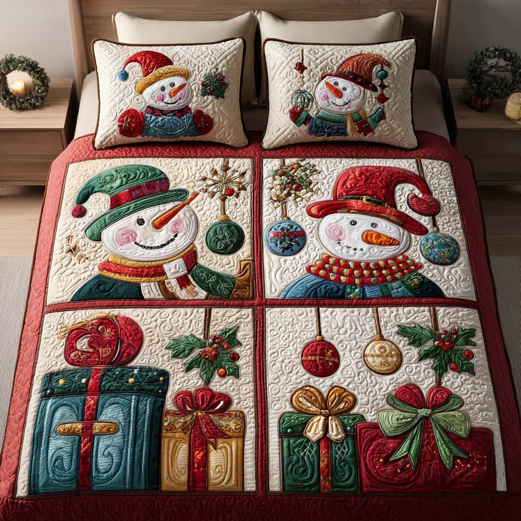 Snowman Smiles Quilted Bedding Set Xmas Duvet Cover Set Christmas Gifts For Wife