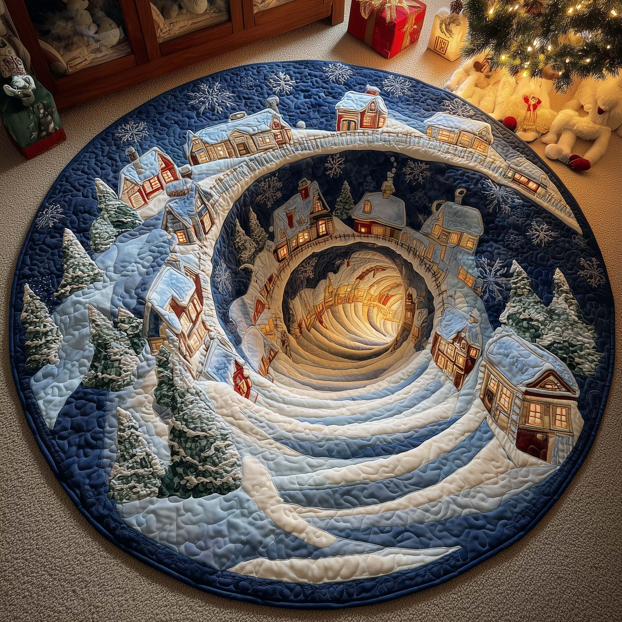 Snowman Spiral Village Quilted Round Mat Vibrant Quilted Round Mat to Brighten Your Room