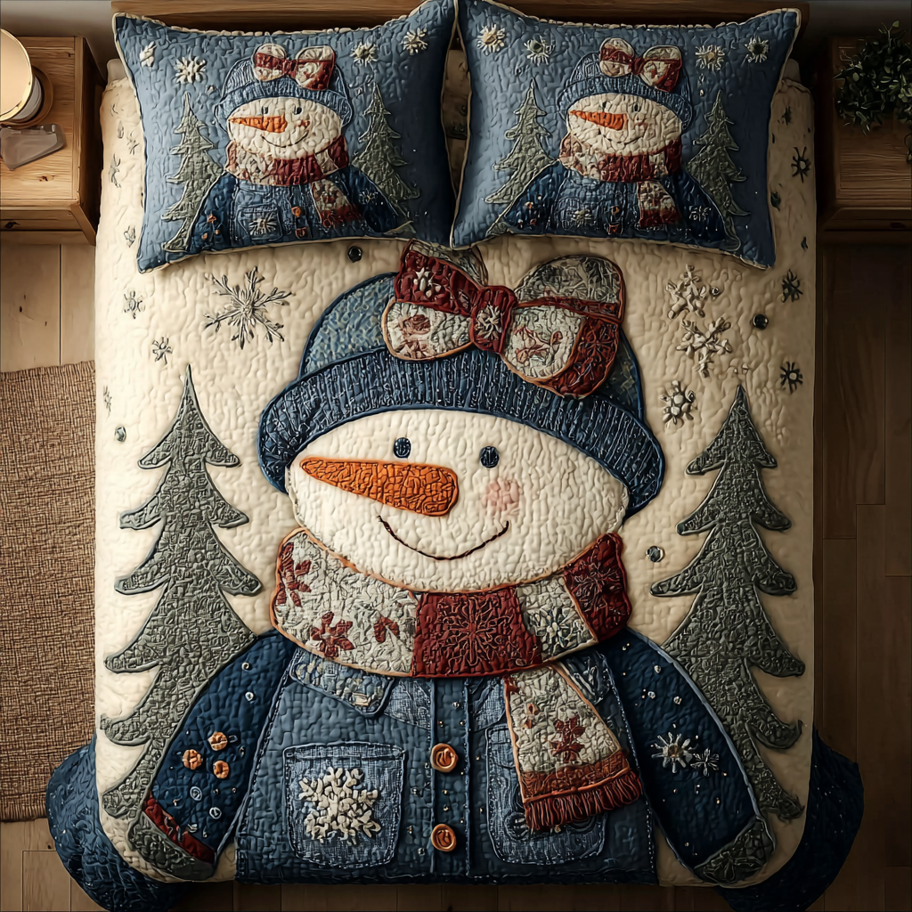 Snowman Spirit Quilted Bedding Set Holiday Season Duvet Cover Set Gifts For Snowman Lovers