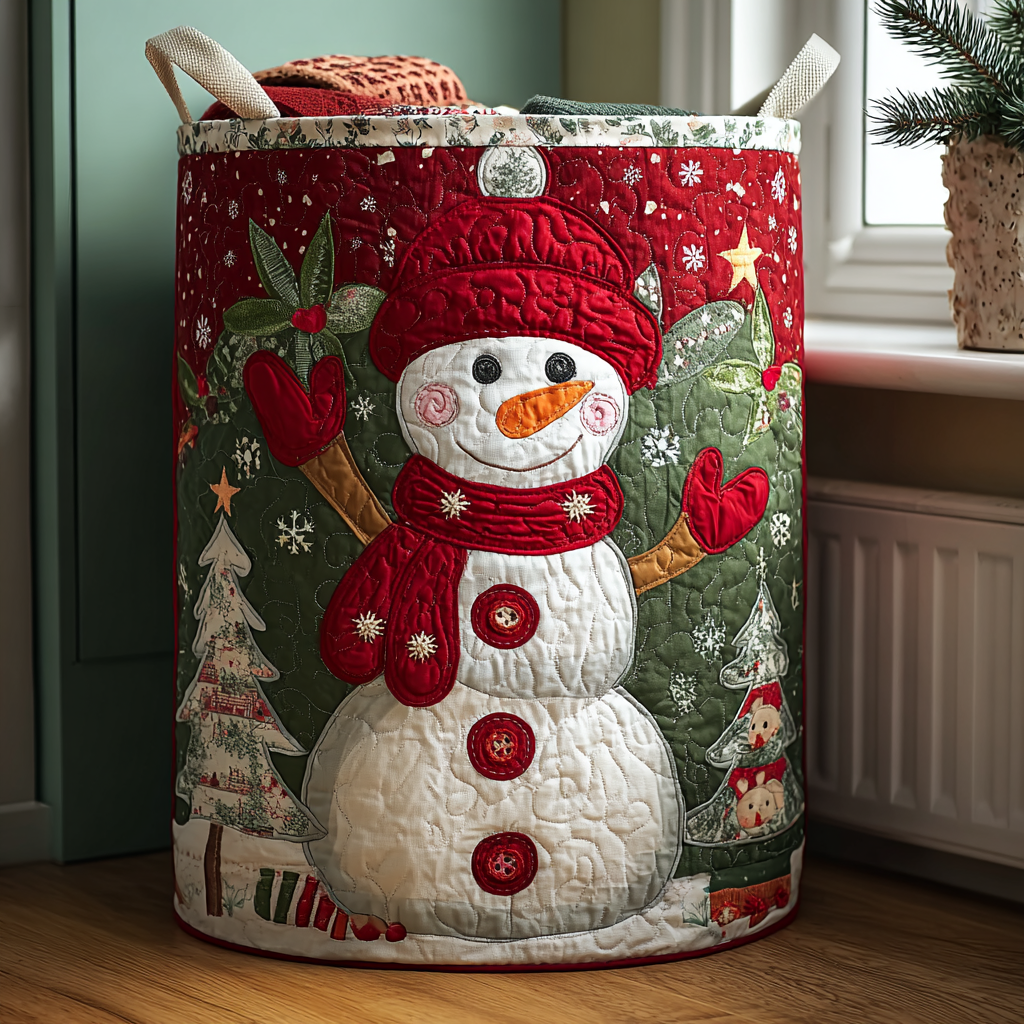 Snowman Spirit Quilted Laundry Basket Modern Quilted Laundry Basket Gift for Stylish Homes