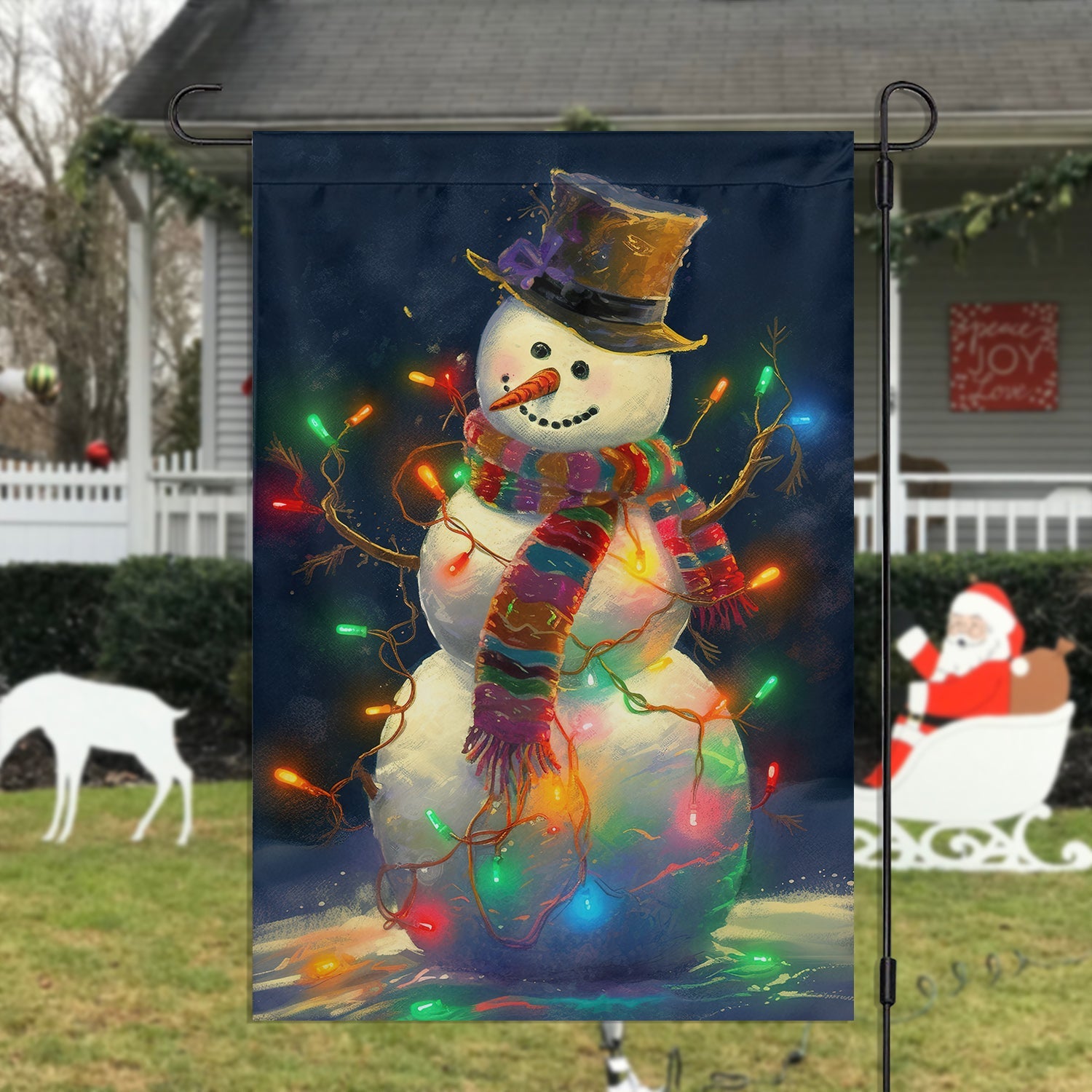 Snowman Surrounded By String Lights Christmas Garden Flag Christmas Decor Snowman Lovers Gifts
