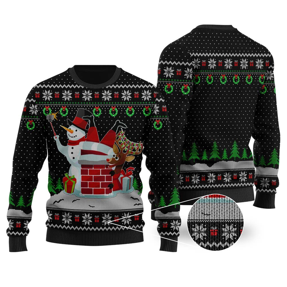 Snowman Take Selfie Santa Stuck Black Ugly Christmas Sweater Custom Holiday Sweater Merch That Warms the Heart
