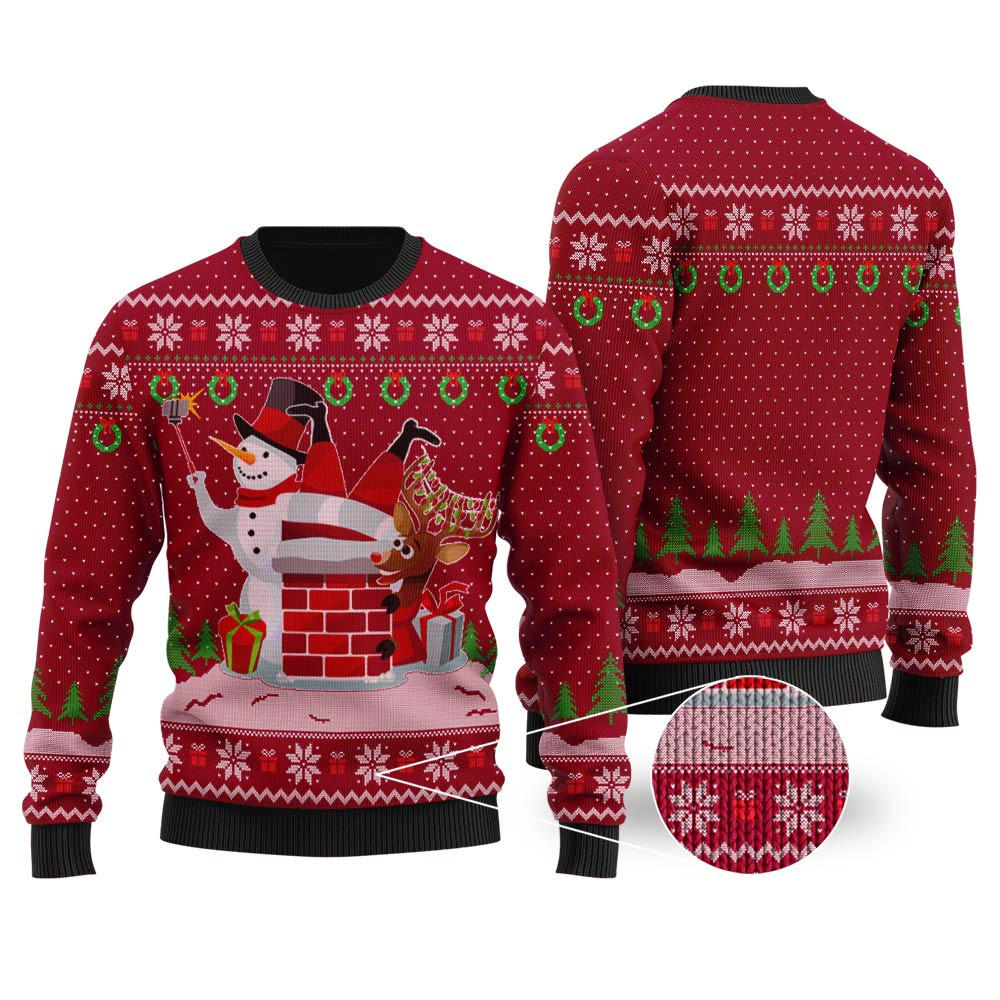 Snowman Take Selfie Santa Stuck Cardinal Red Ugly Christmas Sweater Comfortable Holiday Sweater for Chilly Nights