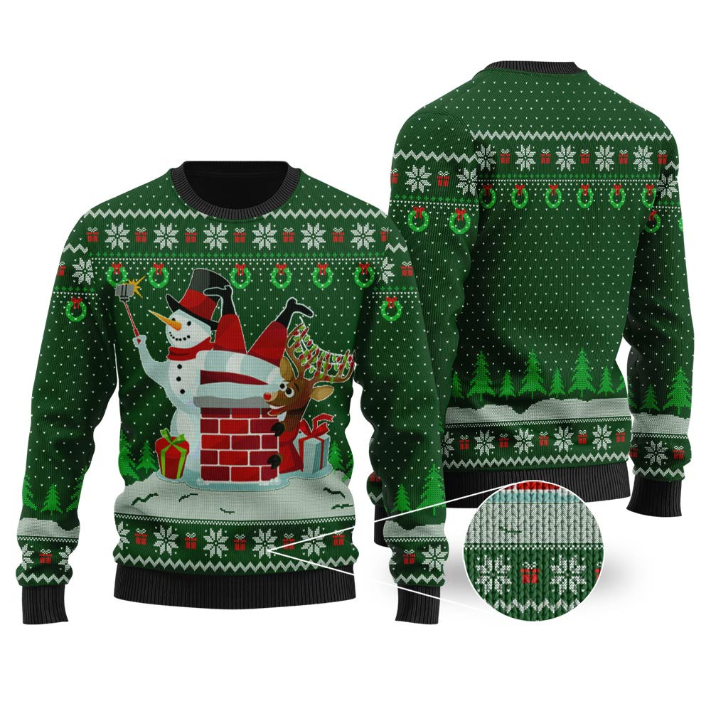 Snowman Take Selfie Santa Stuck Forest Green Ugly Christmas Sweater Trendy Winter Sweatshirt for Cozy Moments