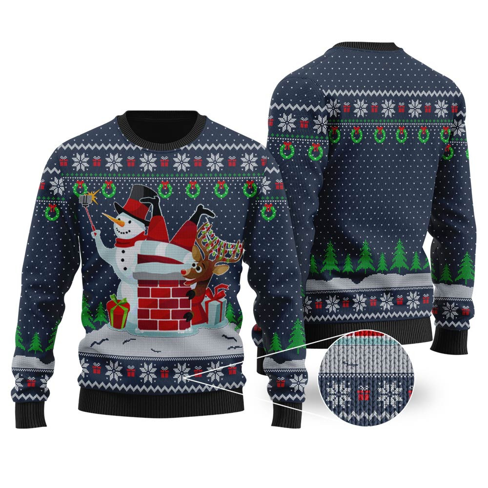Snowman Take Selfie Santa Stuck Navy Ugly Christmas Sweater Exclusive Christmas Sweater Merch Gift Edition