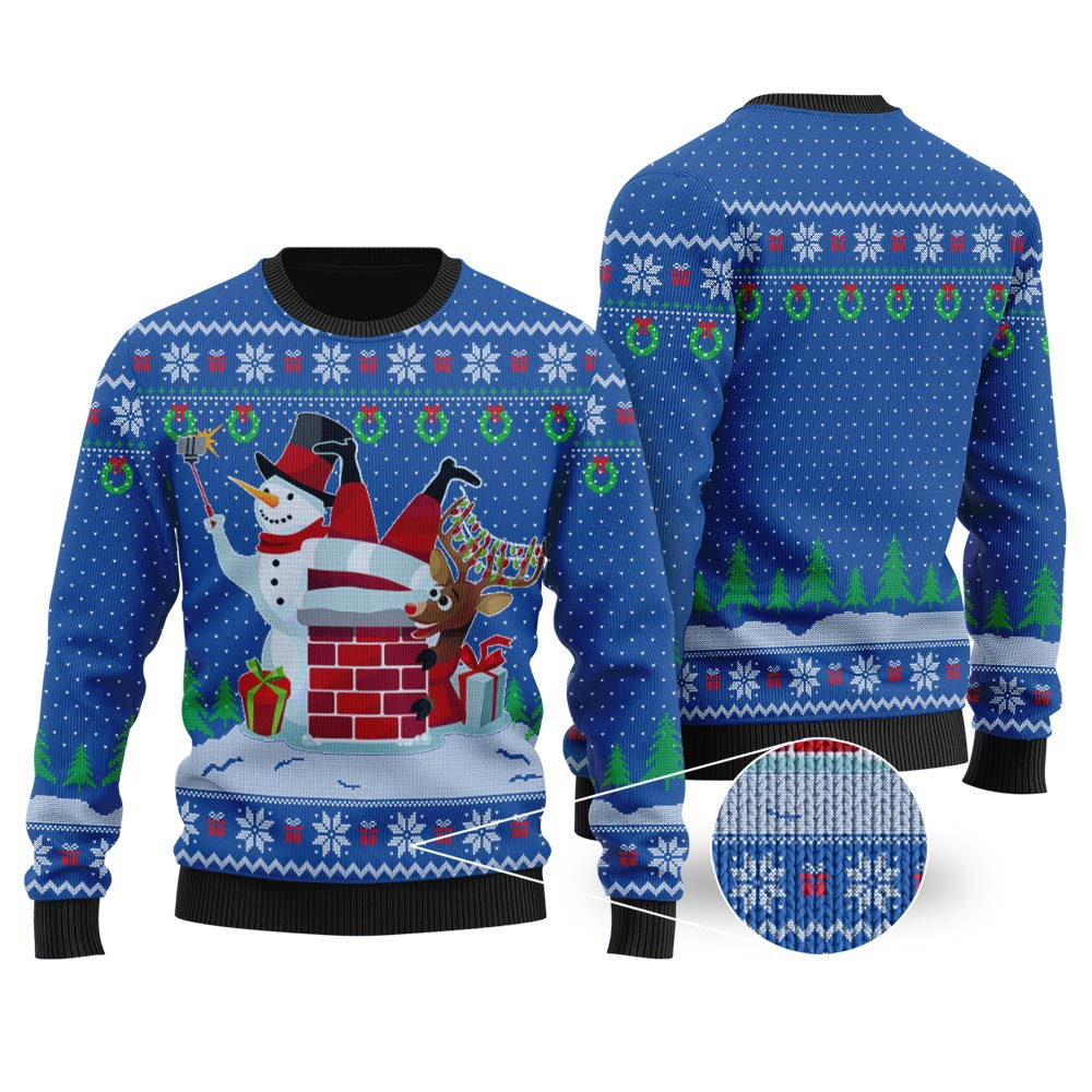 Snowman Take Selfie Santa Stuck Royal Ugly Christmas Sweater Comfortable Holiday Sweater for Chilly Nights