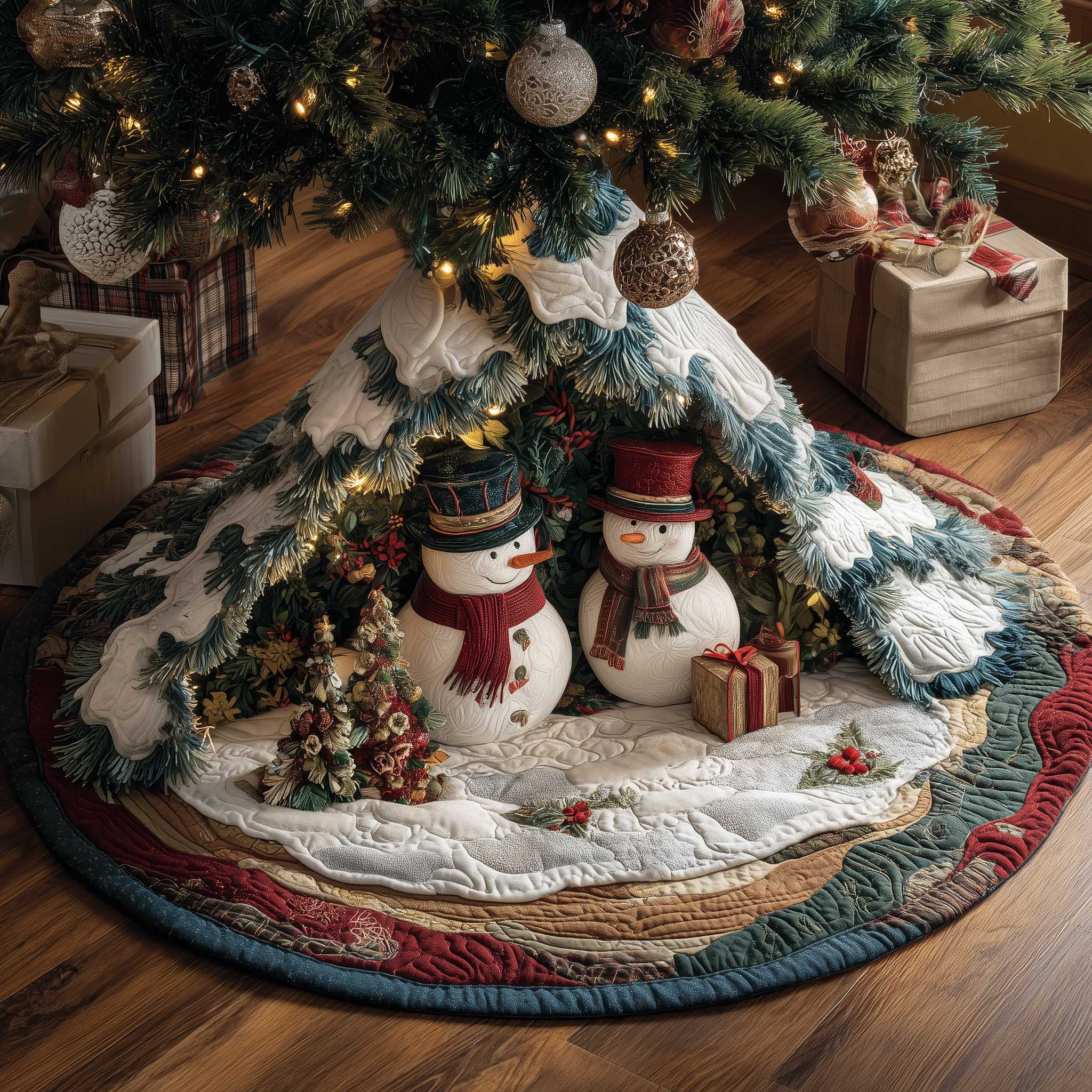 Snowman Together Christmas Quilted Tree Skirt Winter Tree Bottom Cover Snowman Gifts