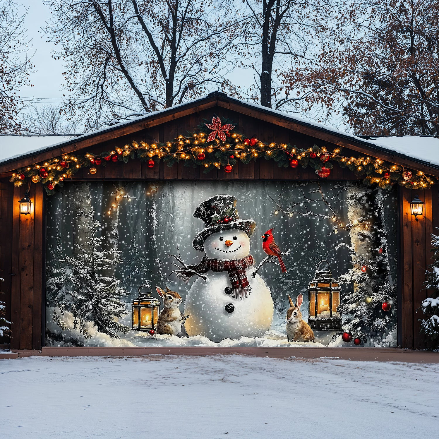 Snowman With Bunnies And Cardinal Christmas Garage Door Banner Xmas Garage Door Covers Gifts