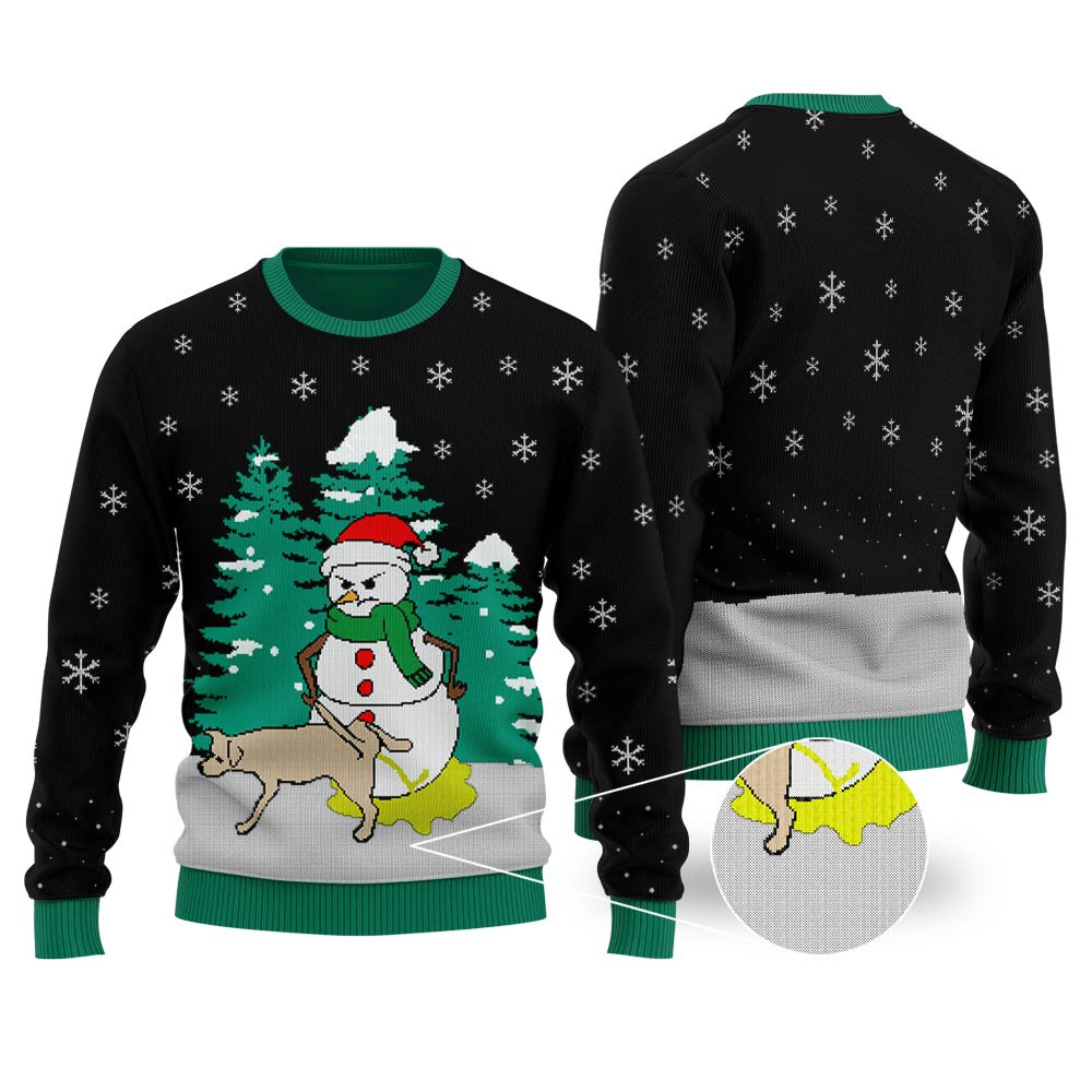 Snowman With Naughty Dog Ugly Christmas Sweater Black Warm and Comfy Sweater for Winter Days